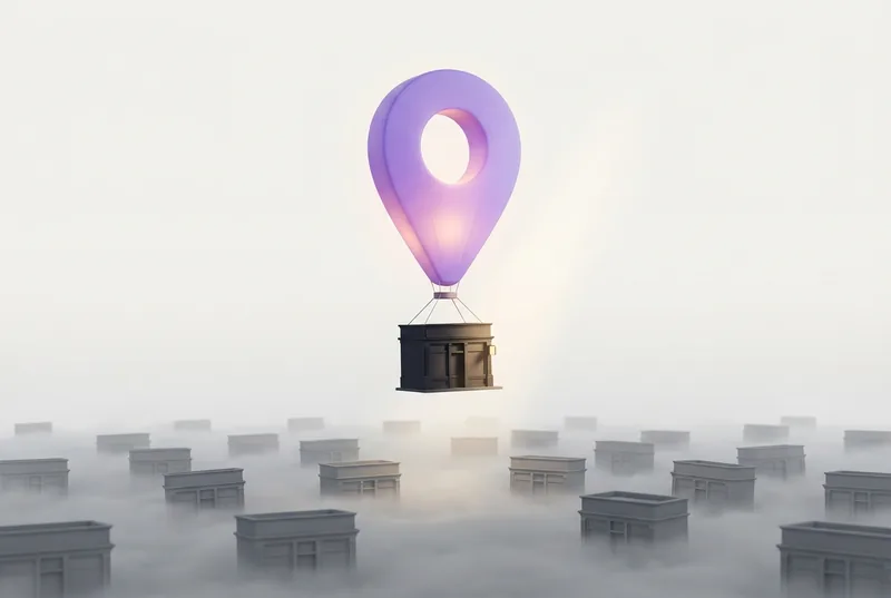 A lavender hot-air balloon shaped like a location pin lifting a dark storefront above a fog of identical grey storefronts