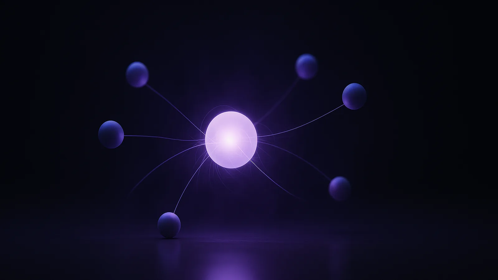 A central glowing sphere connected by delicate threads of light to smaller orbiting spheres on a dark background