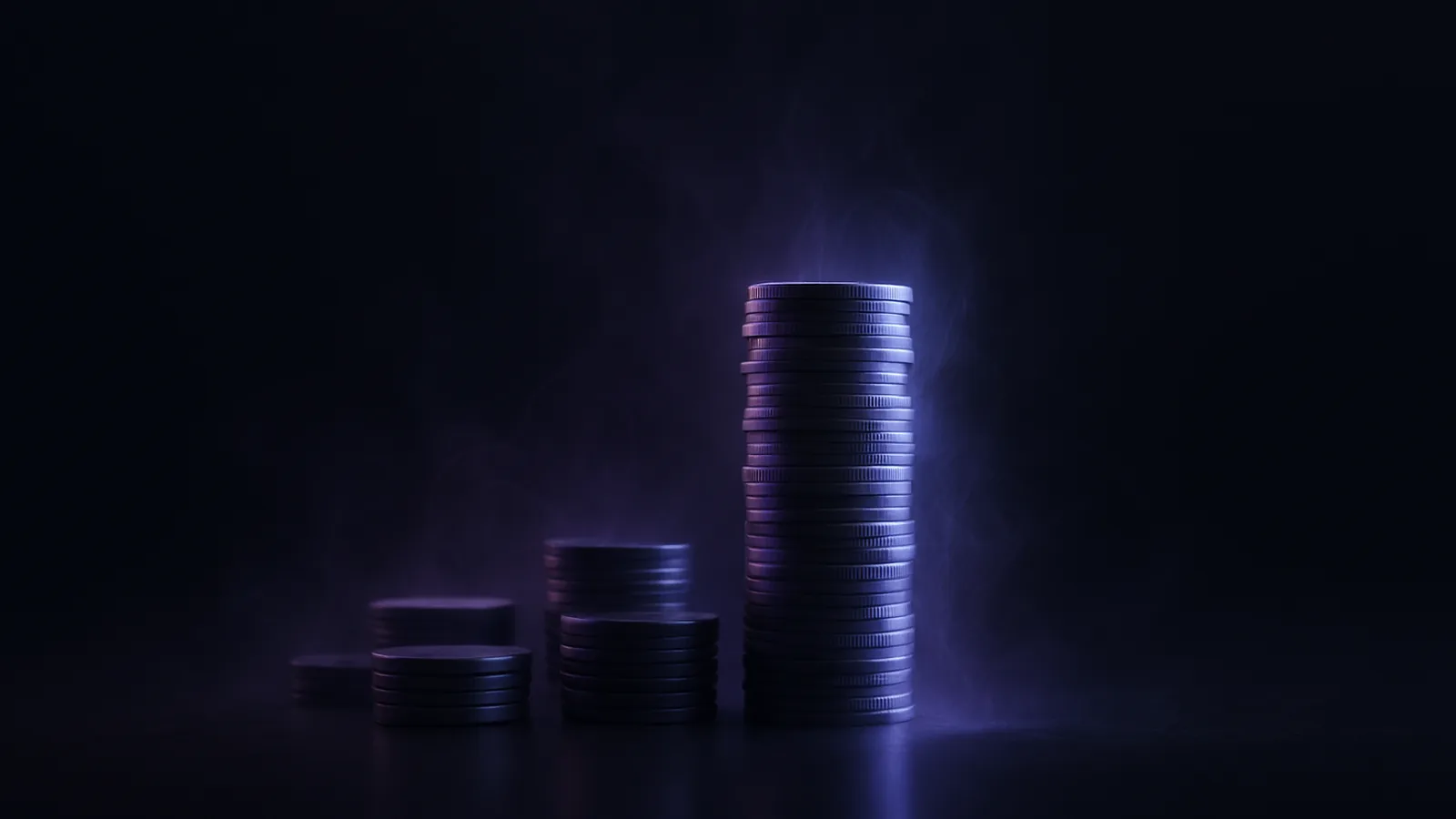 Stacks of coins of different heights on a dark surface under soft lavender light