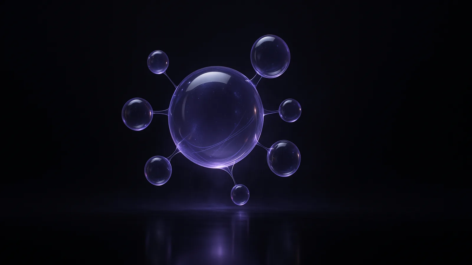 Abstract cluster of translucent glass spheres linked by glowing filaments around one central orb