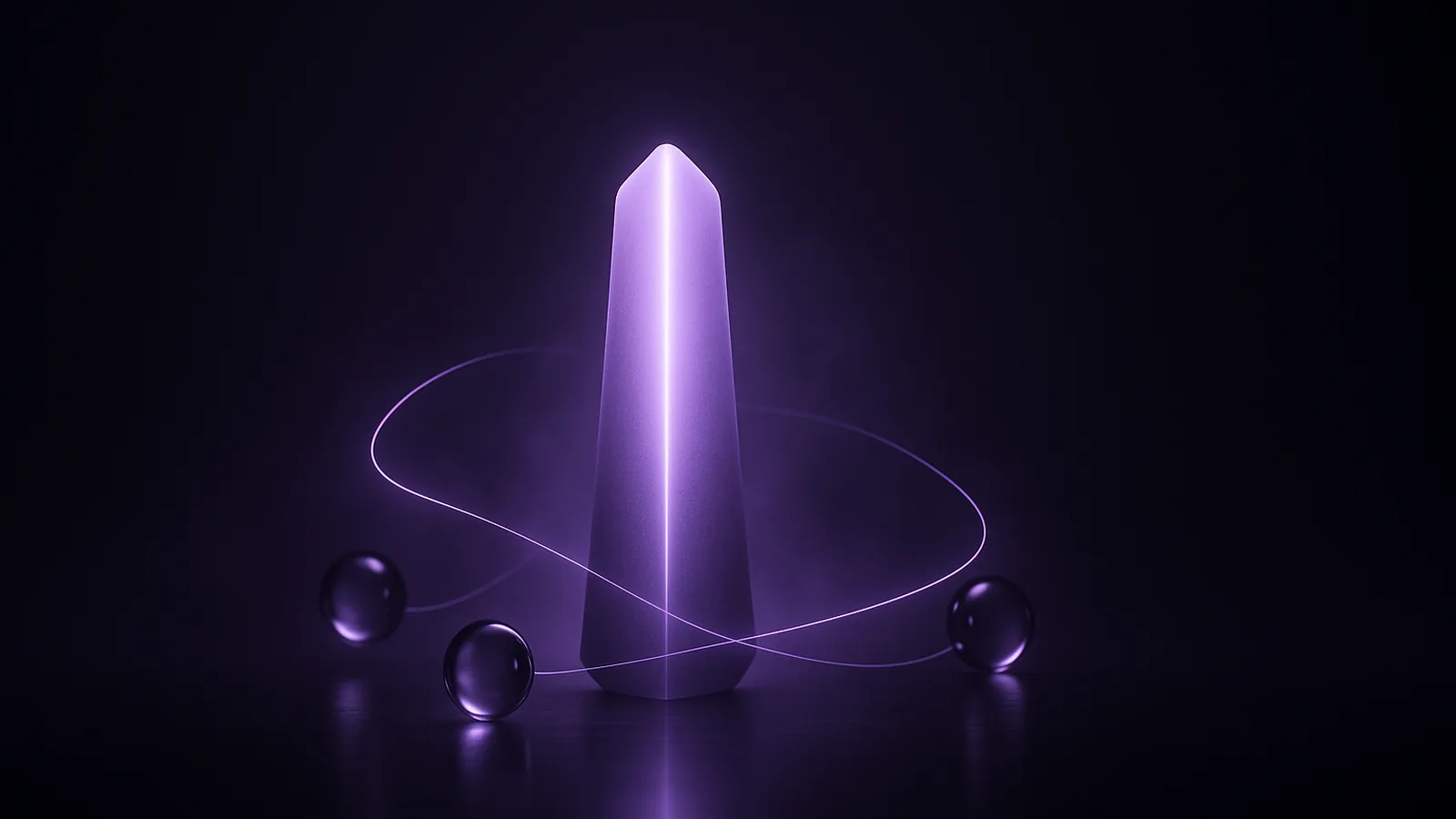 Several small glowing orbs converging around a single tall illuminated form on a dark reflective floor