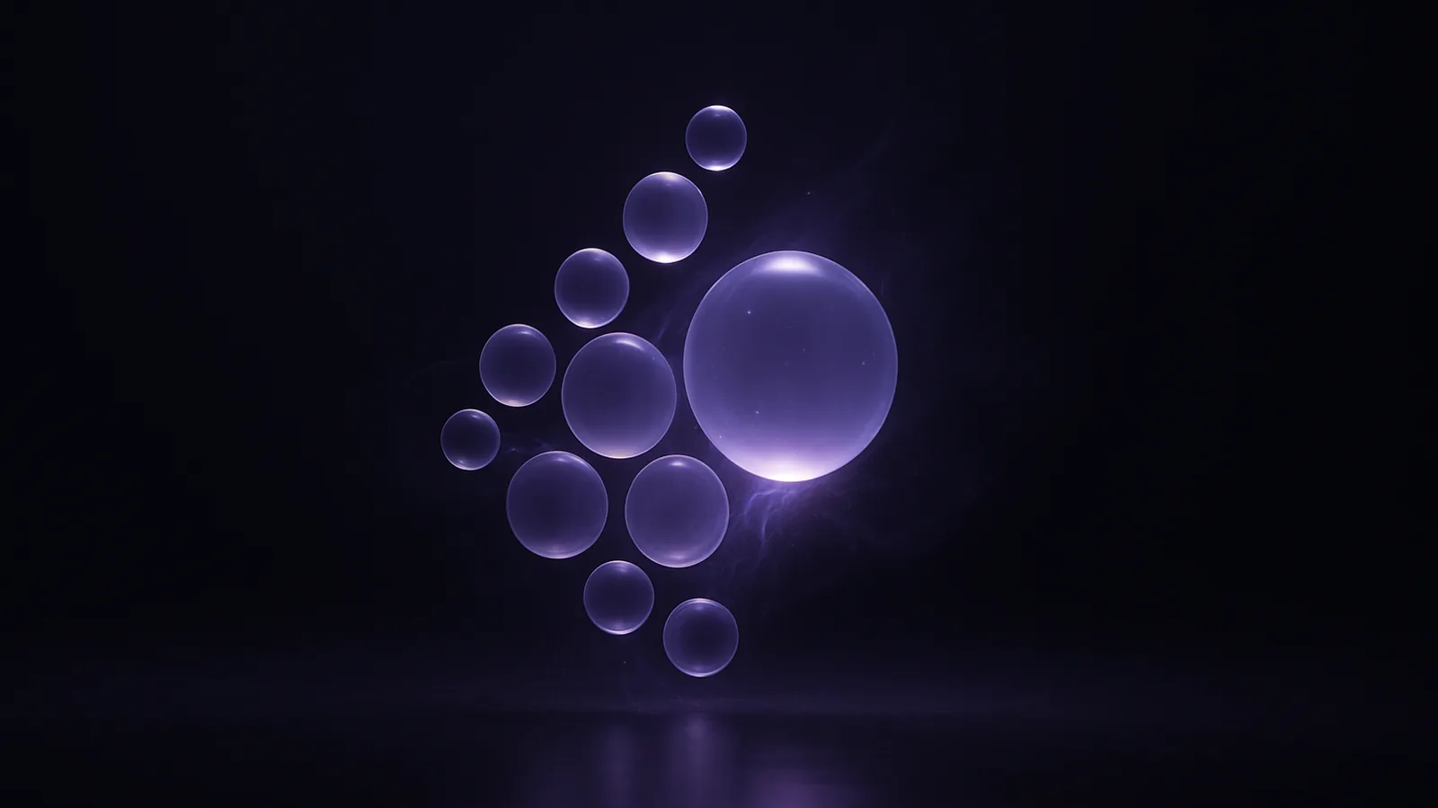 A cluster of ten glowing lavender orbs of different sizes floating above a dark reflective surface, the largest lit brightest at the front