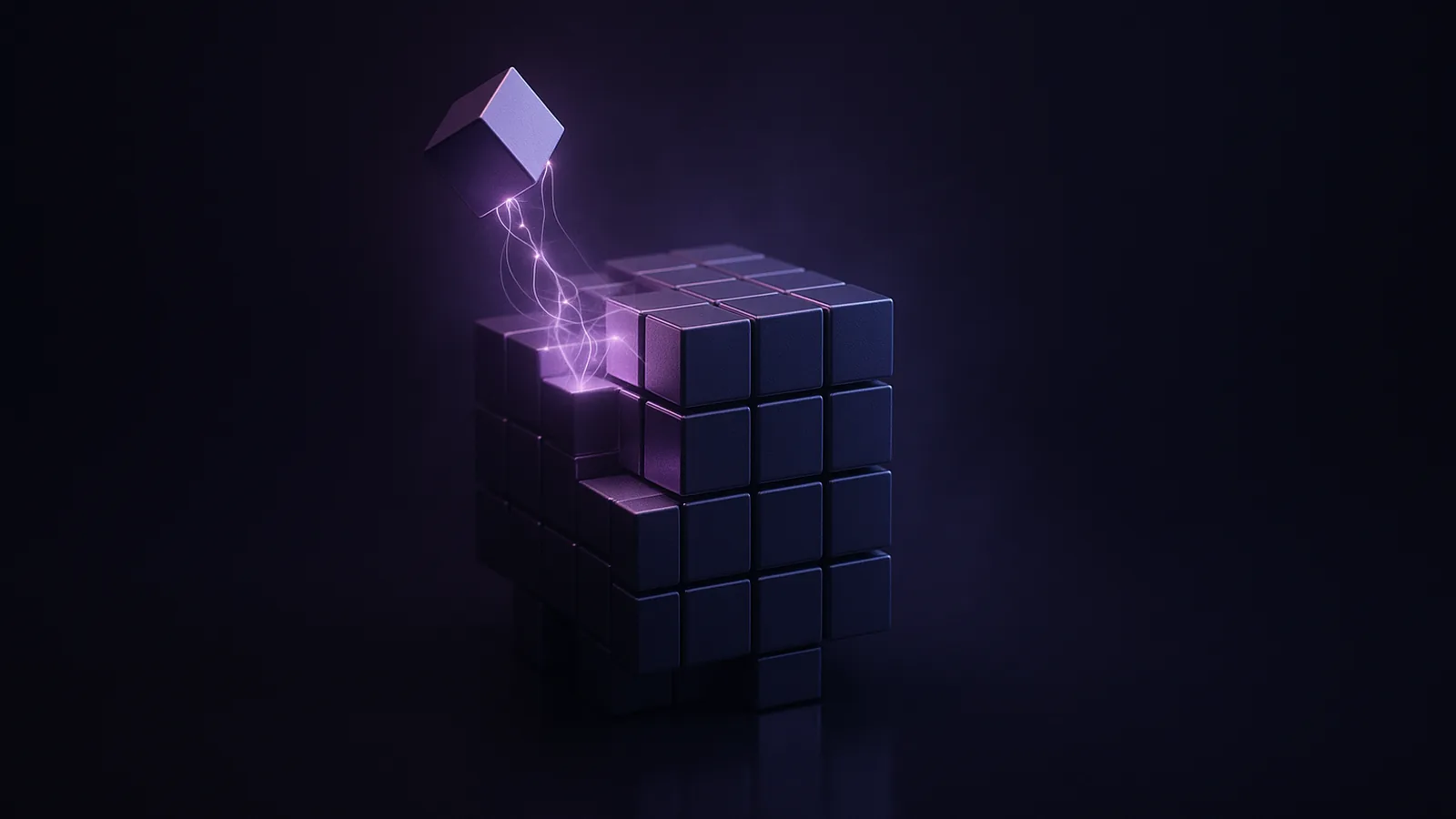 A modular lattice of metallic cubes assembling into one large ordered structure, lit from the side