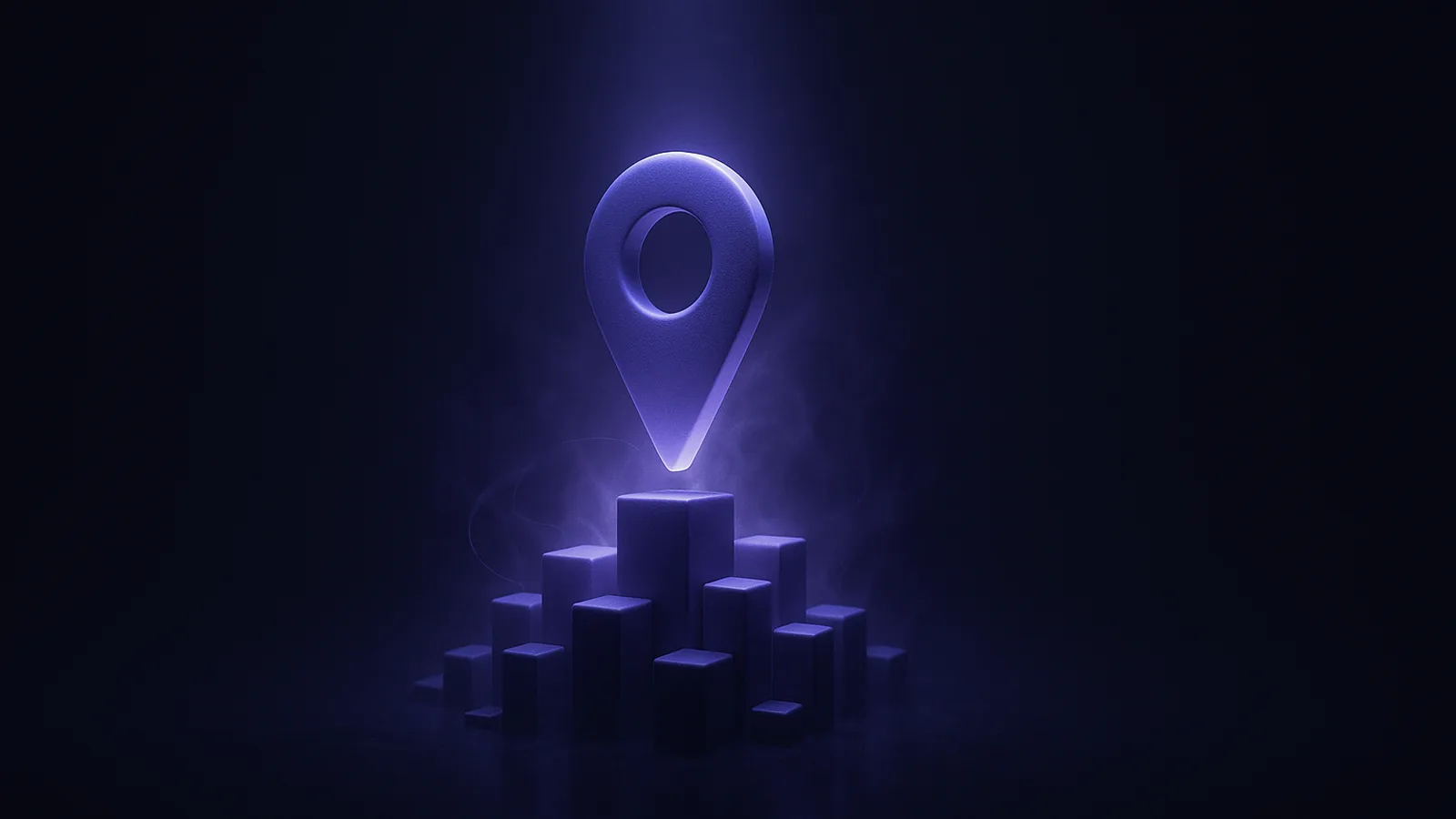 A glowing map pin lifted above a cluster of small building shapes under a soft lavender light