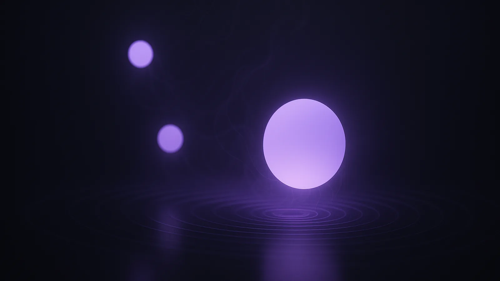 Three glowing spheres of different sizes float at different heights above a dark rippled surface with concentric light rings, evoking proximity and local ranking.