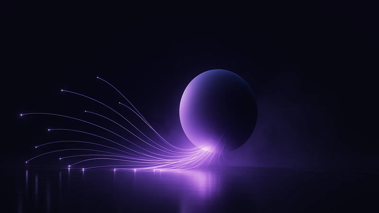 A glowing violet sphere dispersing into many thin light streams above a dark reflective floor