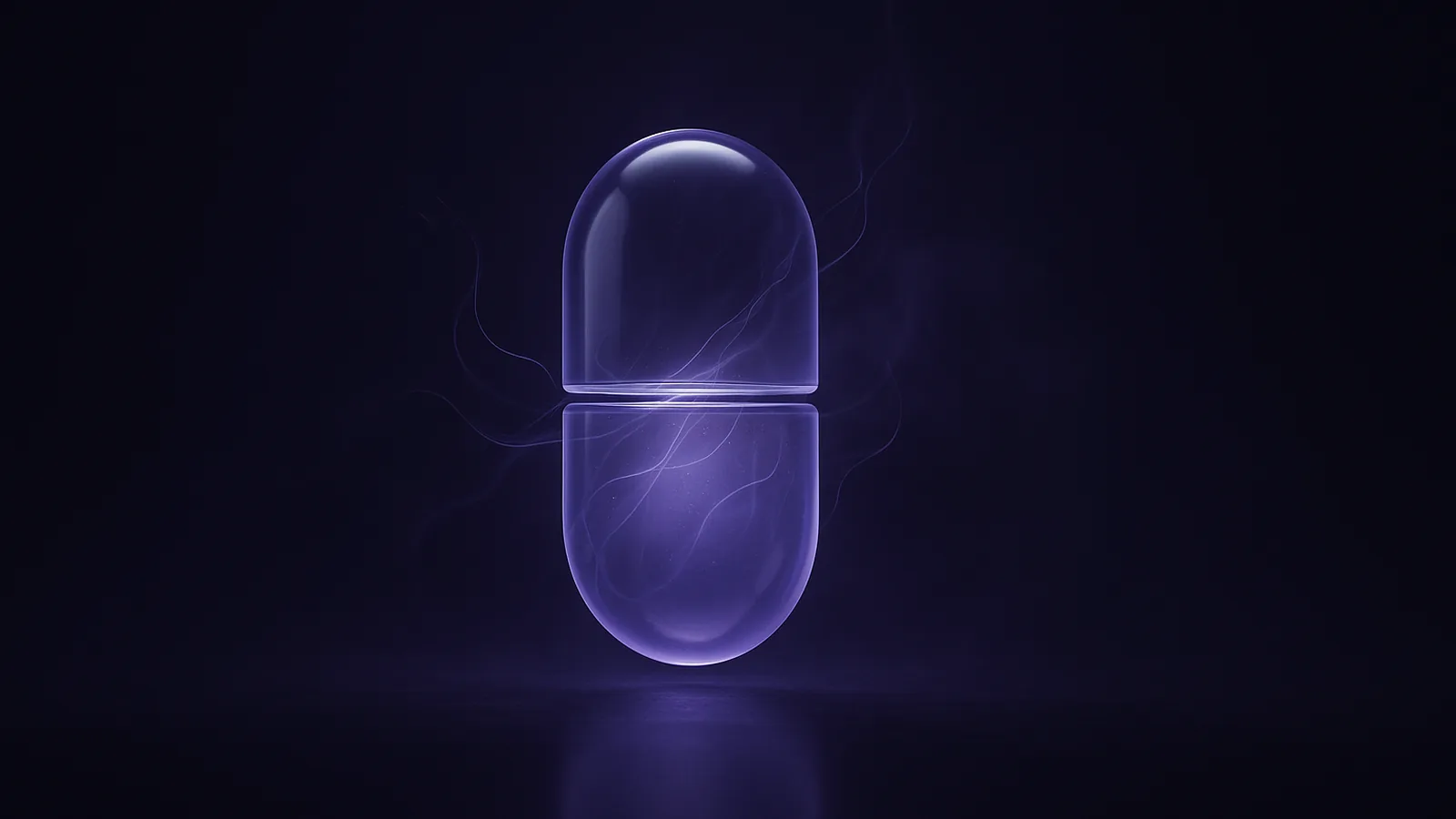 A translucent glass capsule glowing with soft lavender light against a near-black background
