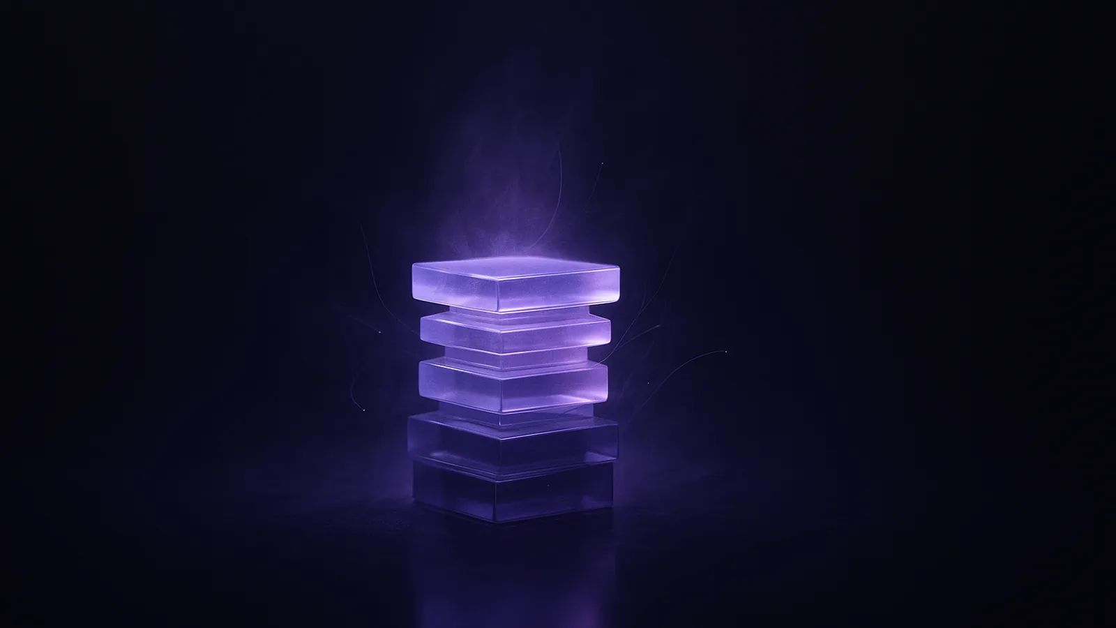 Stacked translucent glass layers forming a small tower, lit from within by soft violet light.