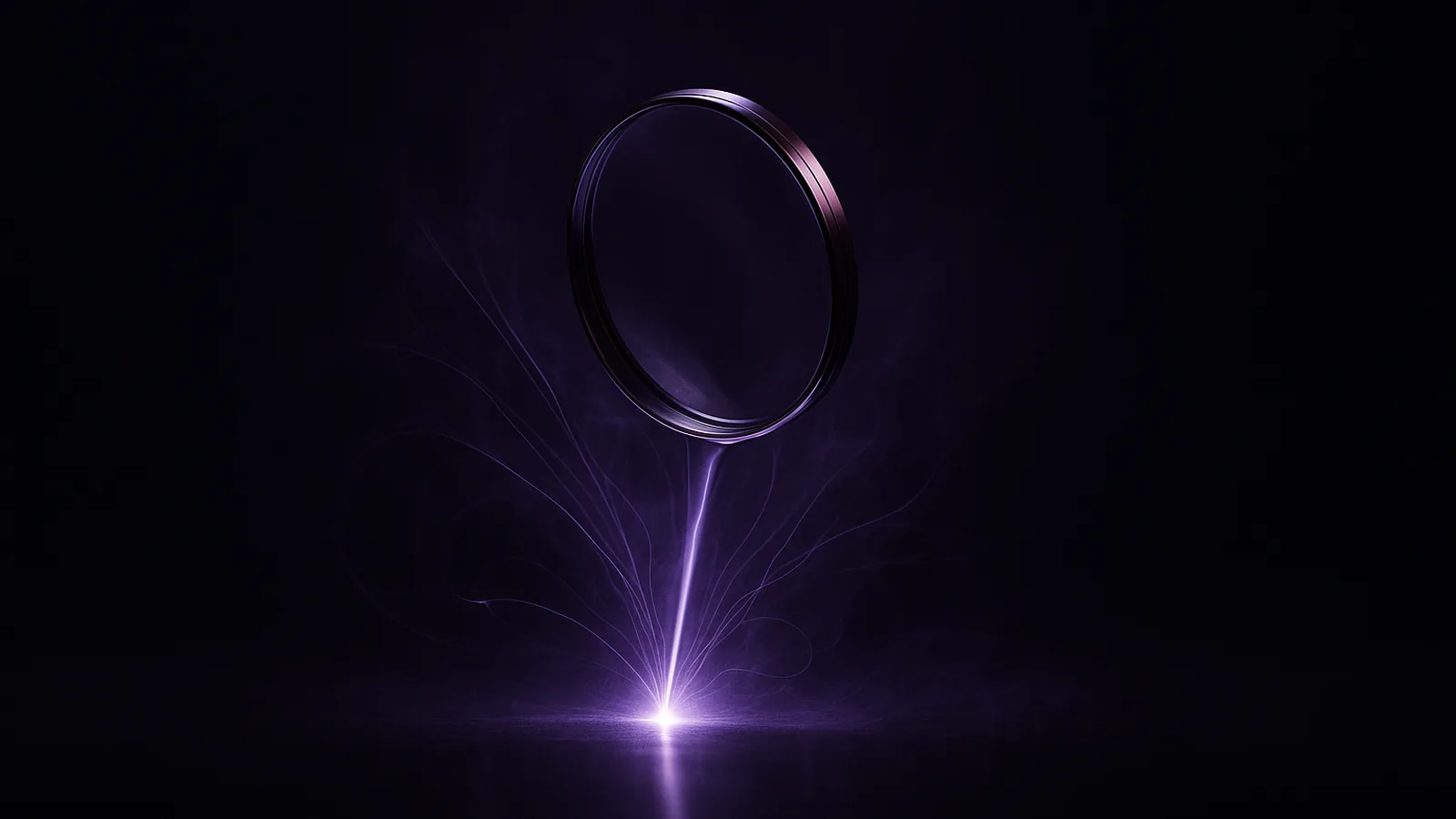 A magnifying lens above a dark surface concentrating a beam of lavender light into a single bright point.