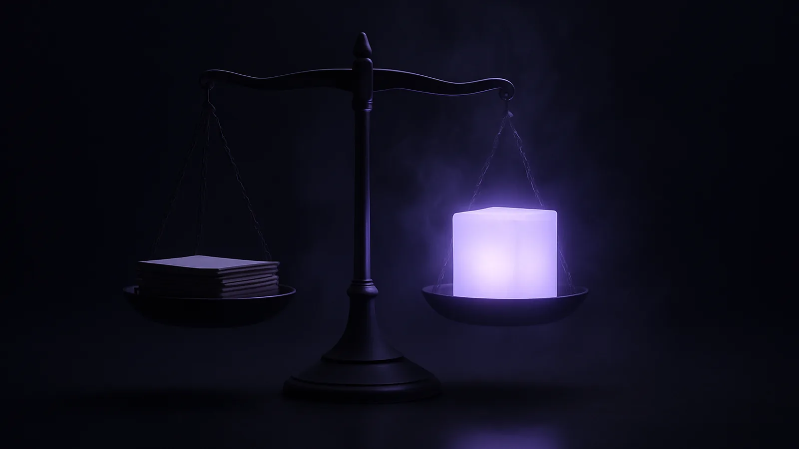 A brass balance scale weighing a stack of documents against a glowing cube on a dark lavender-lit surface