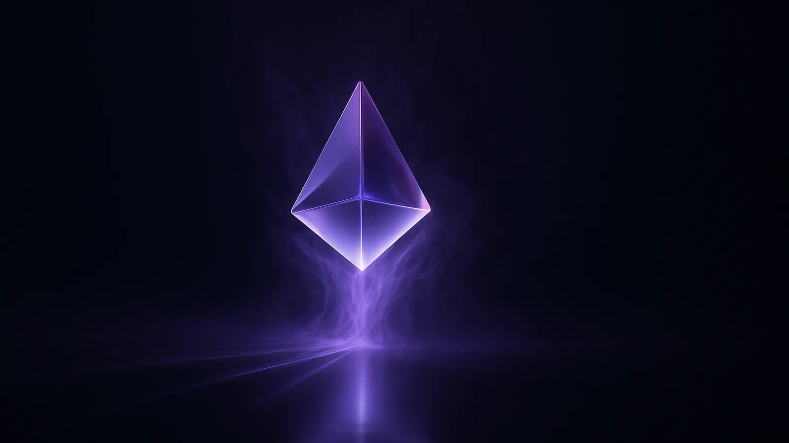 A crystalline prism splitting a soft lavender beam into separate rays on a dark reflective surface