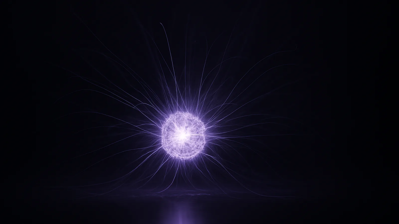 Fine strands of lavender light converging into a single glowing crystalline sphere on a near-black background