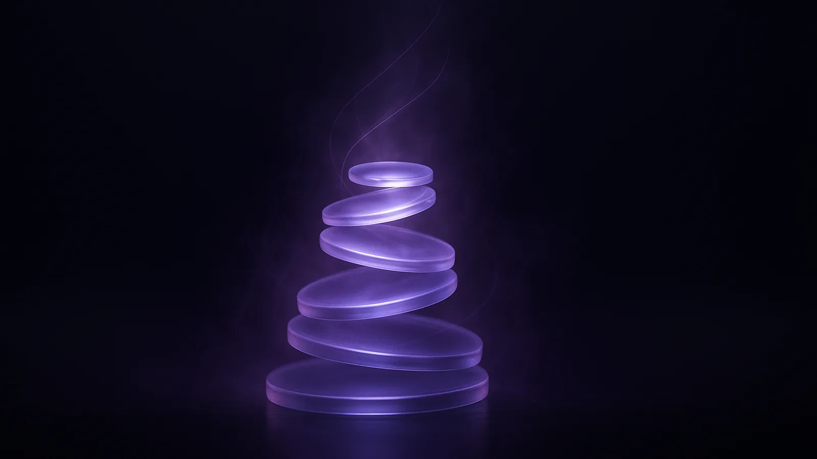 Ascending spiral of translucent glass discs lit in lavender, evoking value that compounds over time