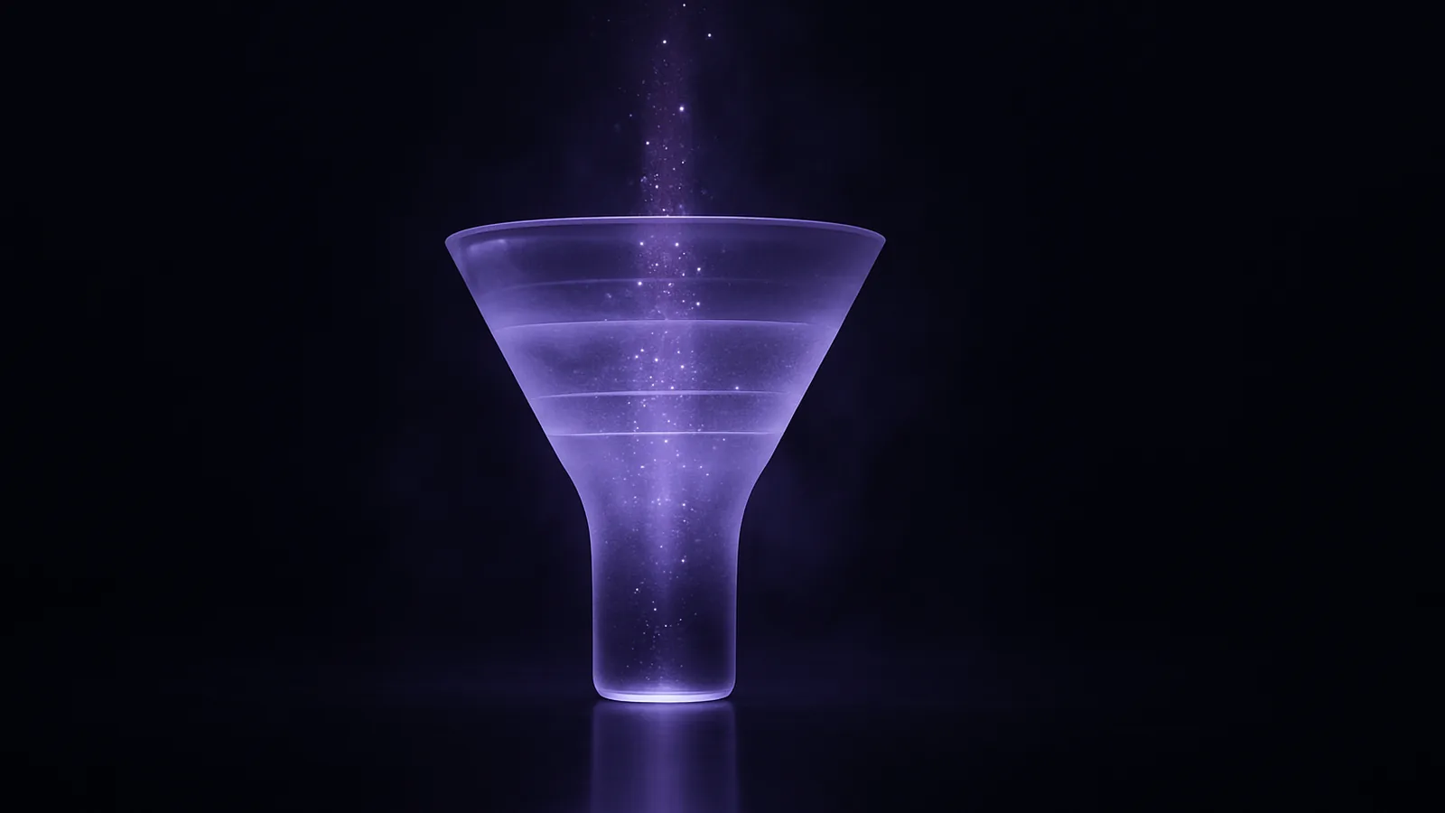 A translucent glass funnel with layered strata and points of light rising through it, suggesting compounding organic growth.