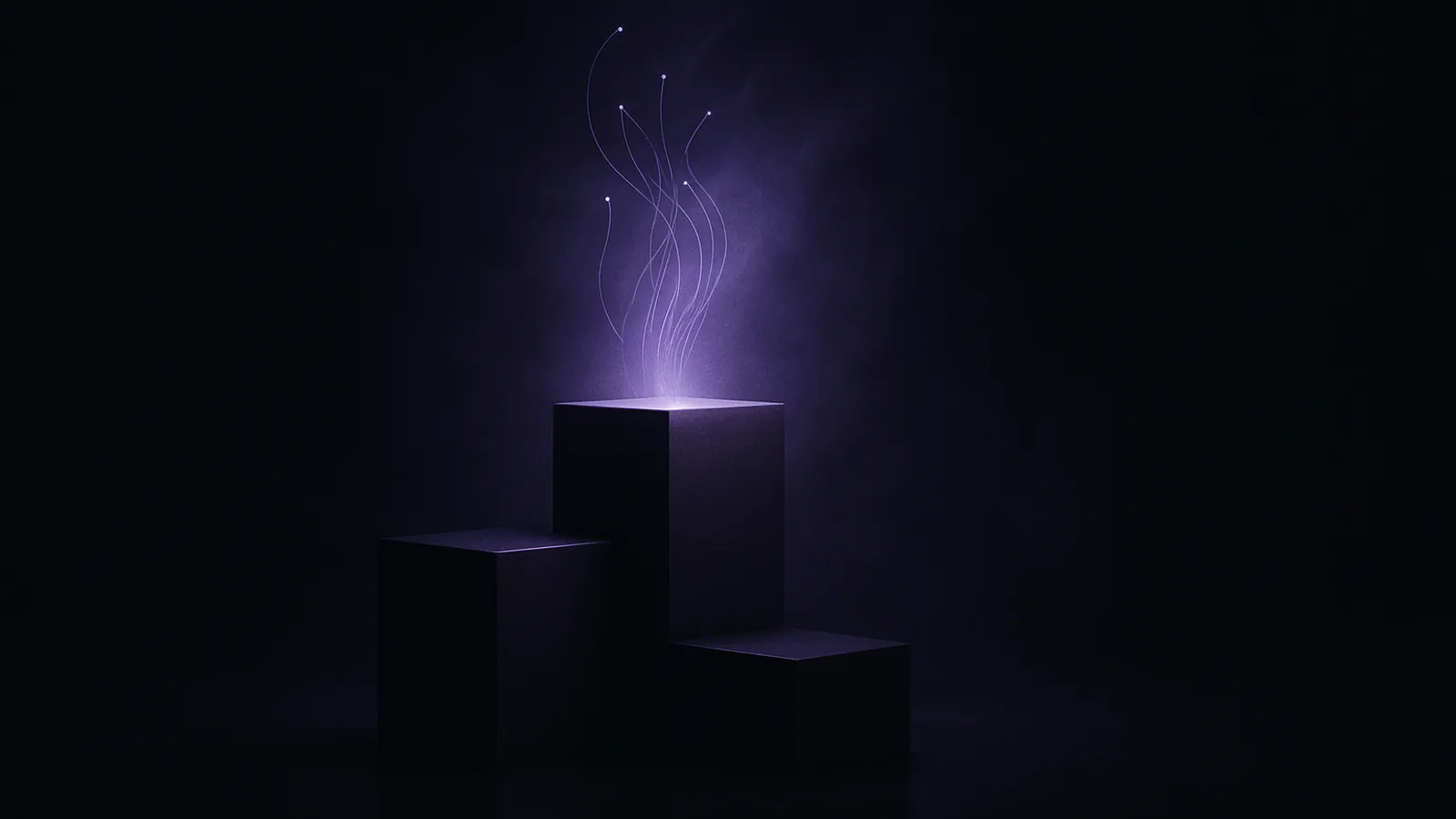 Matte 3D podium blocks of different heights, the tallest lit by a soft lavender light on a dark background