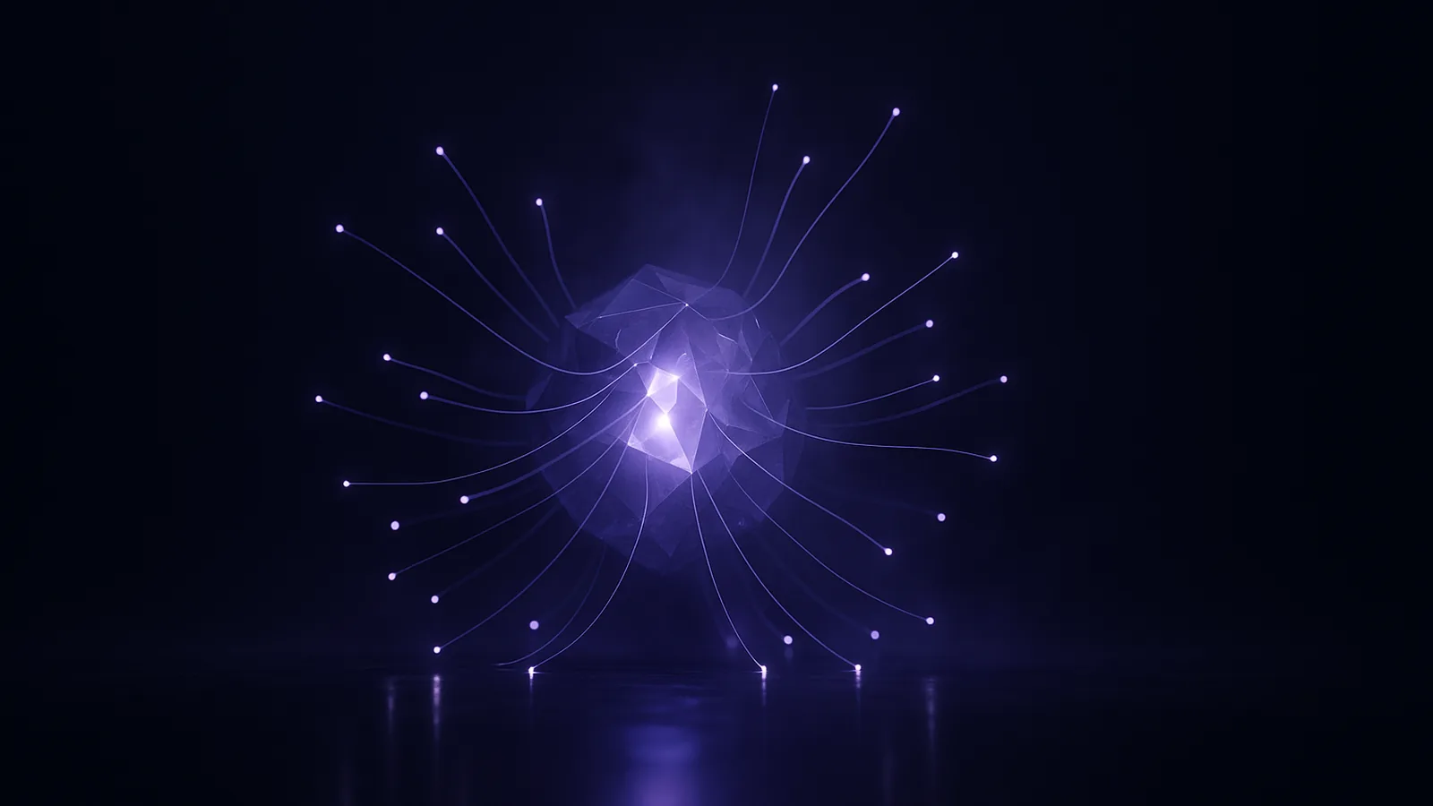 Streams of light converging into a single faceted crystalline core, representing many questions resolving into one authoritative answer